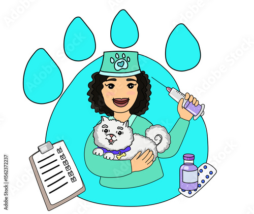 Vector illustration of a smiling female veterinarian holding a fluffy white dog and a syringe. Surrounded by medical items and a paw print background, symbolizing pet care and veterinary services.