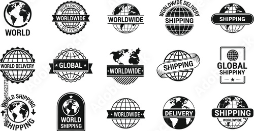 Worldwide delivery and shipping vector logos for global business services