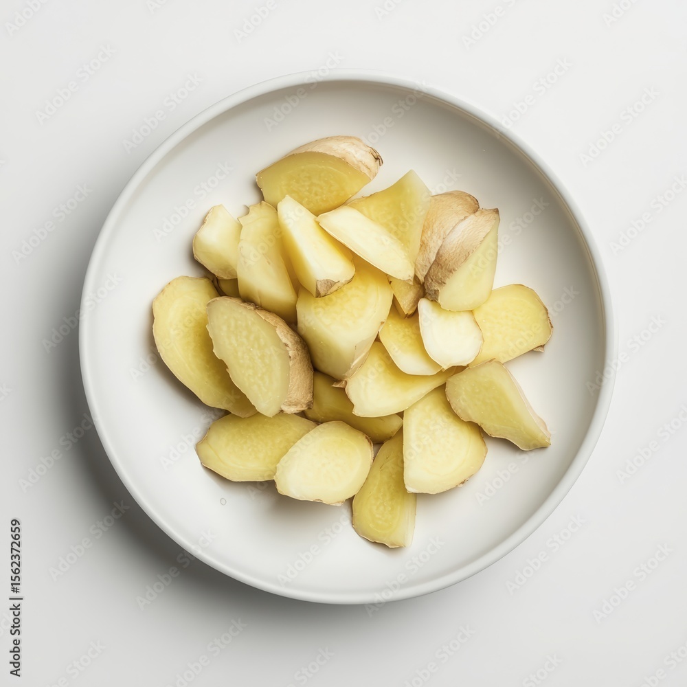 Overhead shot of peeled and sliced ginger root in a white bowl Overhead shot of peeled and sliced ginger root in a white bowl