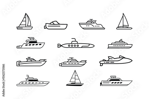 Various watercraft including sailboats yachts and a submarine motorboat speed boat