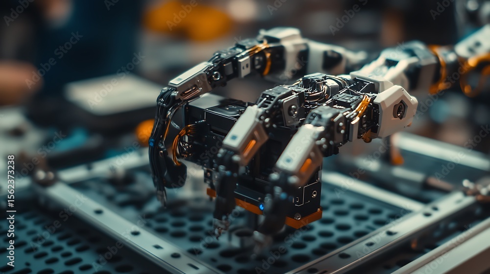 Fototapeta premium A mechanical model of a robotic arm with sensors on a metal table 