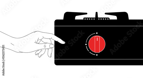 Hand adjusting red knob on black stove on white background