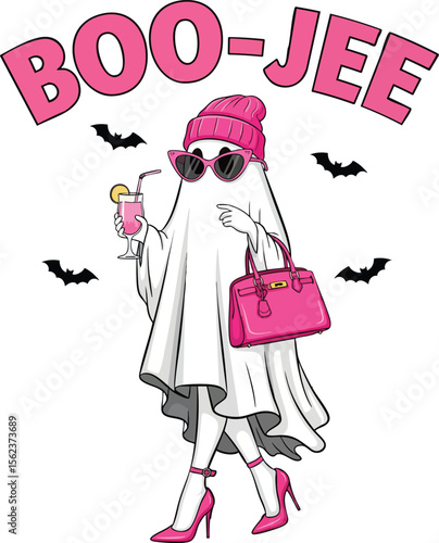 Trendy “Boo-Jee” Ghost with Pink Fashion – Glamorous Halloween Cartoon Design with Handbag and Cocktail