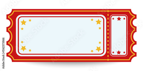 Circus Ticket With Red Border, Yellow Stars And Copy Space. Admission Coupon Template For Show, Poster, Event Invitation, Banner Or Card Design. Vector Illustration 