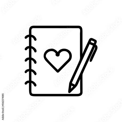 Personal diary with pen and heart icon for self-reflection, minimalist design, black and white on transparent background