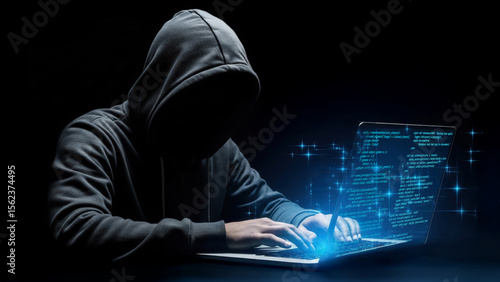 Mysterious hacker in hoodie illuminated by laptop screen in a dark environment, symbolizing hacking, cybercrime, and cybersecurity threats