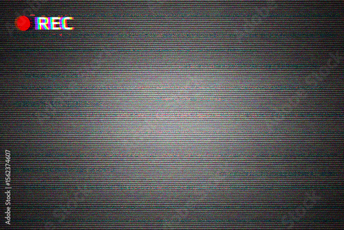 Retro CCTV or VHS video TV screen texture with glitch text REC. HDTV no signal problems. Bad TV signal on video screen white Noise of motion background scanlines. Glitch VHS. Video rewind texture
