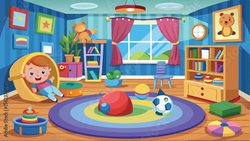 Cheerful Cartoon Boy Playing in a Brightly Decorated Children's Room with Toys