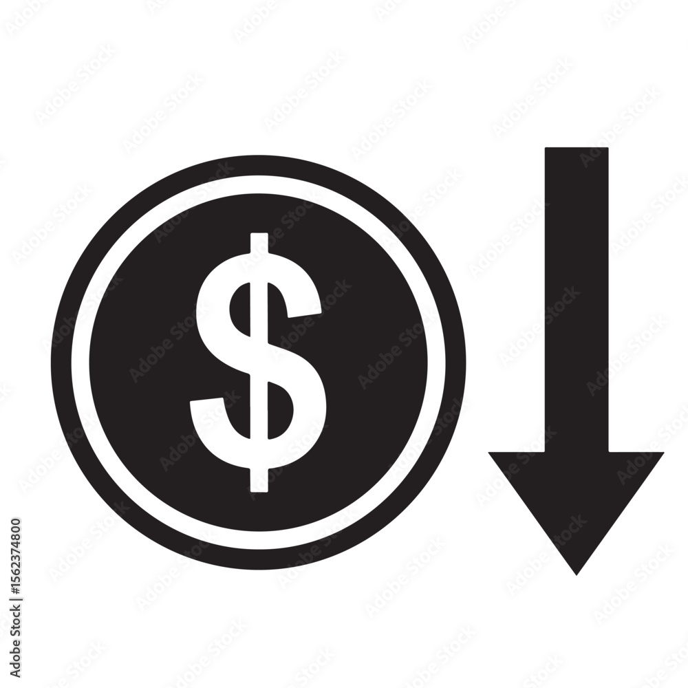 Flat black silhouette of dollar coin with downward arrow, symbolizing currency crash and financial collapse — The Fall of the US Dollar Flat black silhouette of dollar coin with downward arrow, symbolizing currency crash and financial collapse — The Fall of the US Dollar