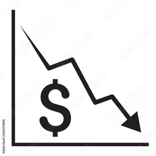 Flat black silhouette of line chart with dollar sign and descending curve, symbolizing falling exchange rate and currency value — The Fall of the US Dollar