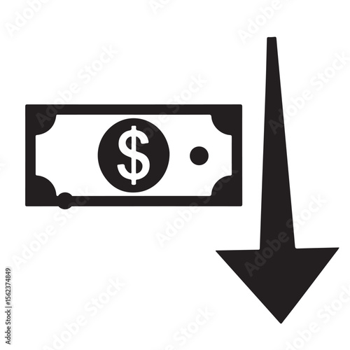 Flat black silhouette of shrinking dollar bill with downward arrow, symbolizing currency depreciation and economic decline — The Fall of the US Dollar
