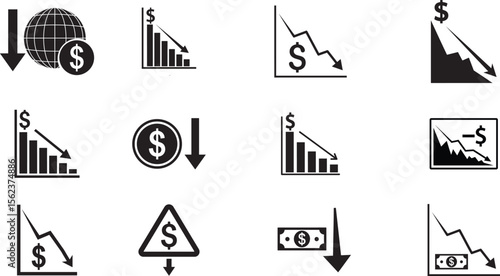 Set of flat black vector silhouettes representing the fall of the US Dollar, financial crash, depreciation, investor loss, and economic collapse