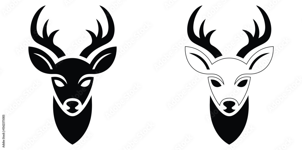 Fototapeta premium deer head logo vector template.Two deer head graphics present a black silhouette and a white outline on a contrasting white background.Black And White Deer Icon Vector Isolated On white Background
