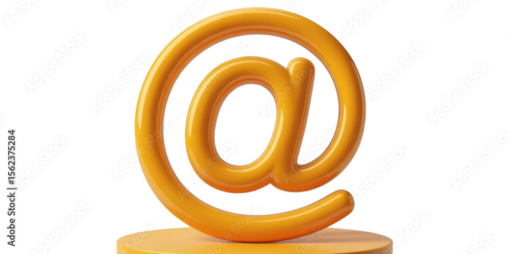 Obraz premium An orange at symbol stands on a matching pedestal against a solid black studio background in a render