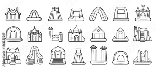 Inflatable bouncy house icons set. Various inflatable structures, including bouncy houses and castles, offer exciting playtime for kids. Inflatable Playground Structures Icons Set for Fun Illustration