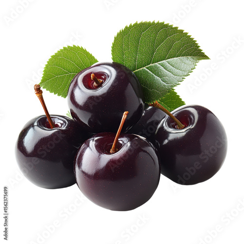 Fresh black cherries with leaves juicy summer fruit isolated on transparent background