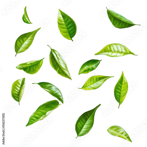 Vivid green tea leaves floating on transparent background for wellness concepts