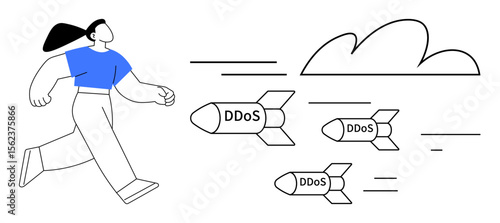 Person fleeing approaching DDoS-labeled missiles towards a cloud, symbolizing cybersecurity threats. Ideal for internet safety, cyber awareness, data protection, risk management, hacking prevention