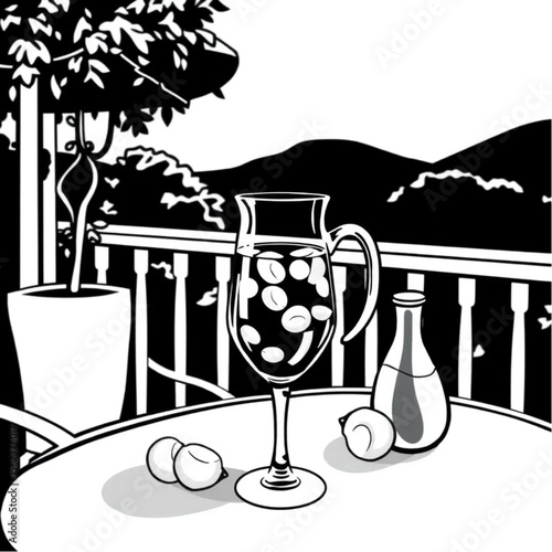 A glass pitcher of sangria on a terrace table