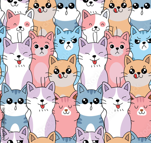 illustration cute cats vector seamless pattern, colorful pretty wallpaper for kids 