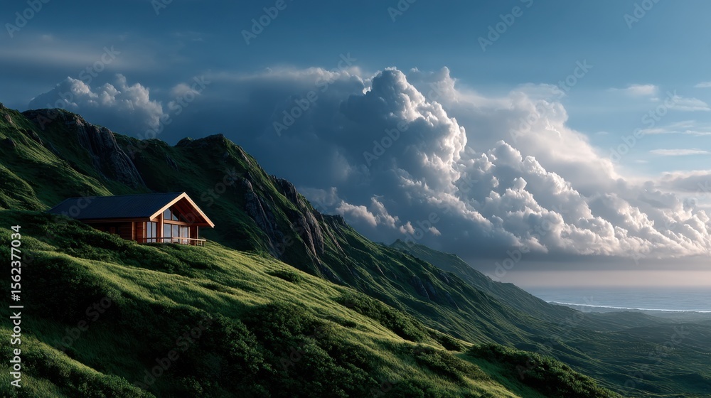 Obraz premium A cozy wooden house sits on a lush green hillside, beneath a dramatic cloud-filled sky, offering a peaceful retreat and scenic escape.