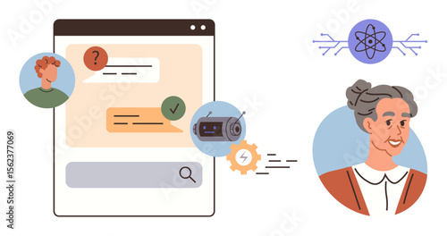 Chat interface with messages, bot reply indicator, user avatars, gears, and atom icon for AI. Ideal for technology, communication, AI, innovation learning assistance and research in simple flat