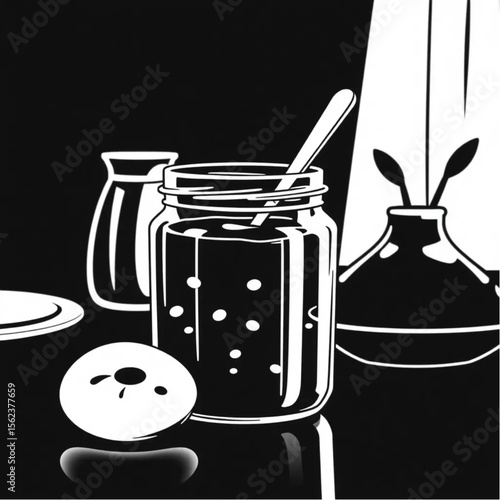 A glass jar of homemade jam on a breakfast table