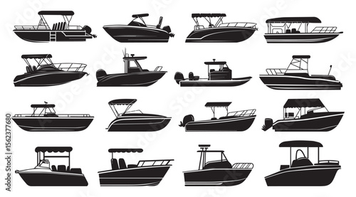 Pontoon Boat Icons Set for Nautical and Marine Design. Vector Icons of Pontoon Boats Isolated for Illustrations. 