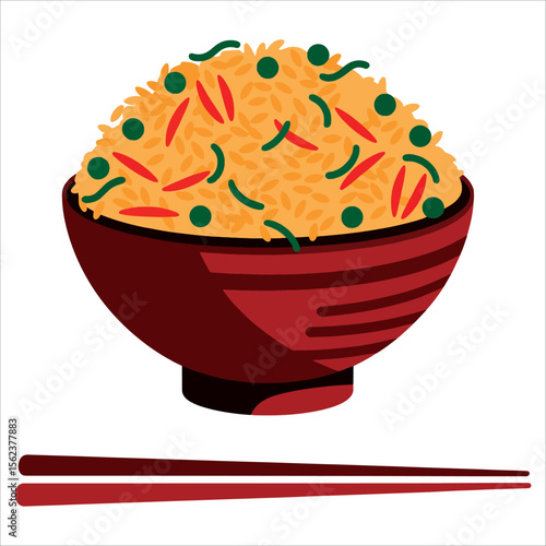 Fried rice in bowl with chopsticks vector art. Flavorful Asian dish illustration ideal for restaurant promotions and culinary tourism themes.