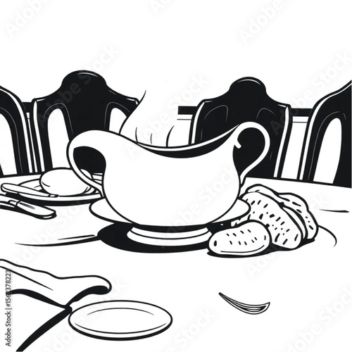 A ceramic gravy boat on a roast dinner table