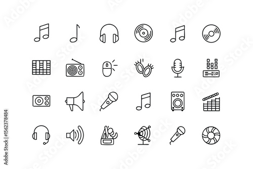 Music and Audio Equipment Line Icons Set on White Background