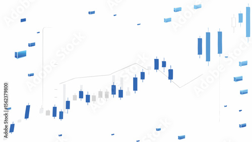Stock market chart with blue and white candle sticks and an upward trending line on a white background