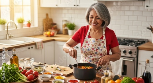 Fototapeta Naklejka Na Ścianę i Meble -  Senior woman enjoying cooking in a cozy kitchen with fresh ingredients for a homemade meal