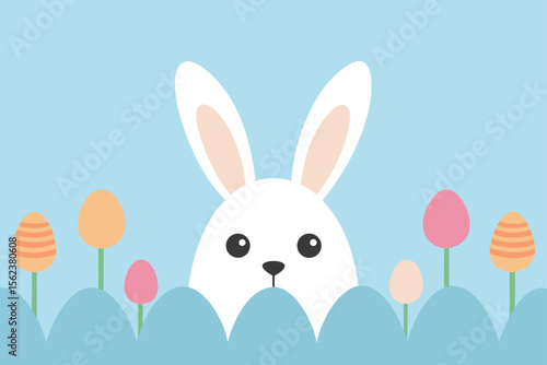 Draw an Easter poster with a bunny hiding among wildflowers with just its ears visible