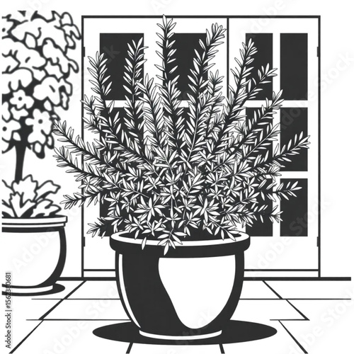 A potted rosemary bush on a patio