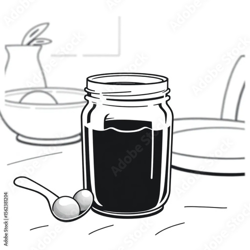 A glass jar of homemade jam on a breakfast table