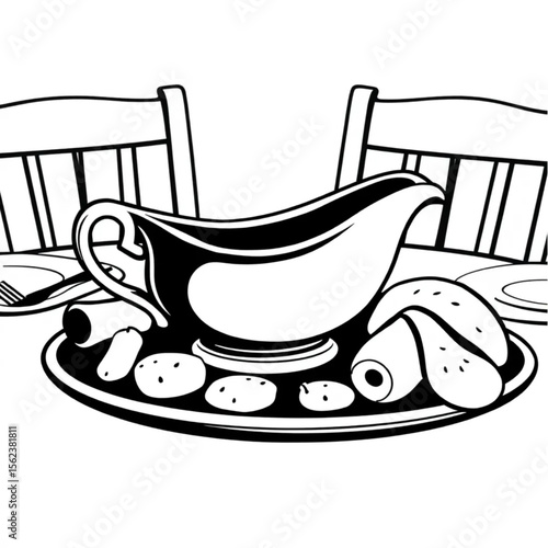 A ceramic gravy boat on a roast dinner table