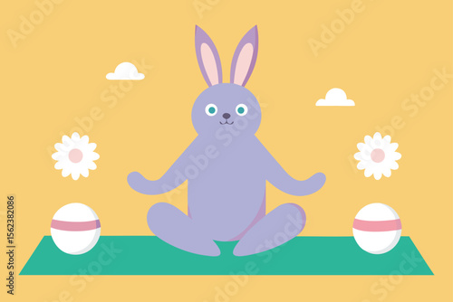 Illustrate an Easter poster with a bunny practicing yoga on a pastel mat
