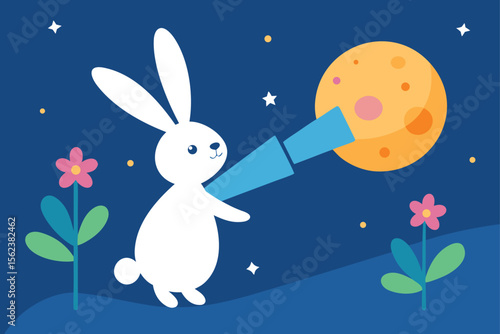 Illustrate an Easter poster with a bunny stargazing with an egg shaped telescope