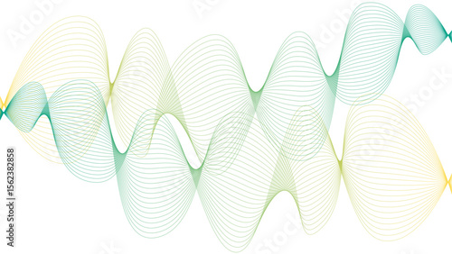	
Vector curvy abstract line art wavy flowing dynamic colorful lines white background in concept music or sound, wave, wind, information flow	
