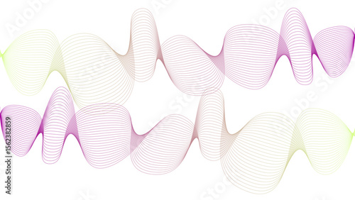 	
Vector curvy abstract line art wavy flowing dynamic colorful lines white background in concept music or sound, wave, wind, information flow	
