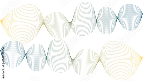 	
Vector curvy abstract line art wavy flowing dynamic colorful lines white background in concept music or sound, wave, wind, information flow	
