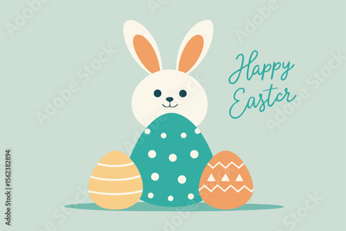 Illustrate an Easter poster with a modern Easter scene where a bunny peeks from an egg