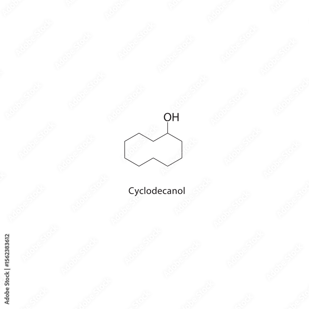 Cyclodecanol skeletal structure. Alcohol compound schematic illustration. Simple diagram, chemical formula. Cyclodecanol skeletal structure. Alcohol compound schematic illustration. Simple diagram, chemical formula.