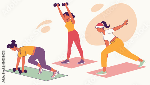 Three women doing different exercises with dumbbells and yoga mats in a light colored room
