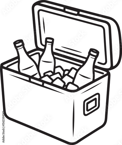 Cooler box with bottles and ice line art vector illustration for summer picnic