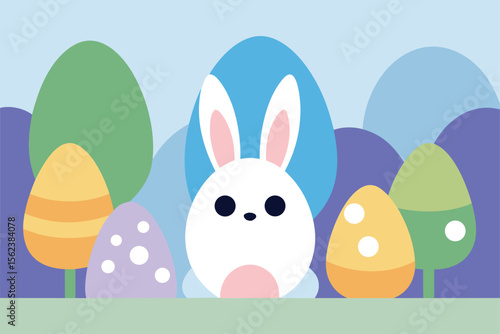 Make an Easter poster with a bunny playing hide and seek in an egg shaped forest