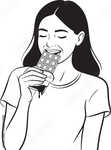 A black and white line art illustration of a young woman happily consuming a chocolate bar.