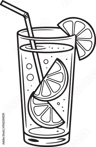 Stylish black and white line art illustration of a refreshing citrus drink.