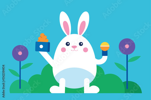 Make an Easter poster with a bunny with a camera taking selfies among Easter eggs